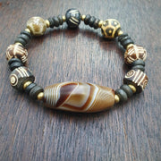 Old Natural Eye, Vintage Beaded Bracelet | Agate, Soleimani Carnelian, Multicolor - Etched Dzi Beads