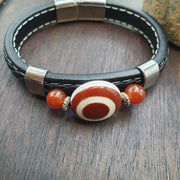 Eye Tibetan Dzi Bead, Vintage Talisman Bracelet | PU Leather Band | Antique Agate, Black Onyx Accents, Adjustable