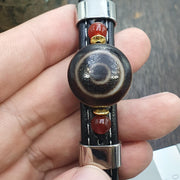 Tibetan Dzi Bracelet, Antique Eye Agate Amulet, 3-Bead Pu Leather Band | Black Onyx Accents - Unisex