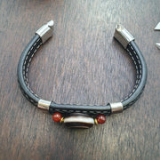 Tibetan Dzi Bracelet, Antique Eye Agate Amulet, 3-Bead Pu Leather Band | Black Onyx Accents - Unisex