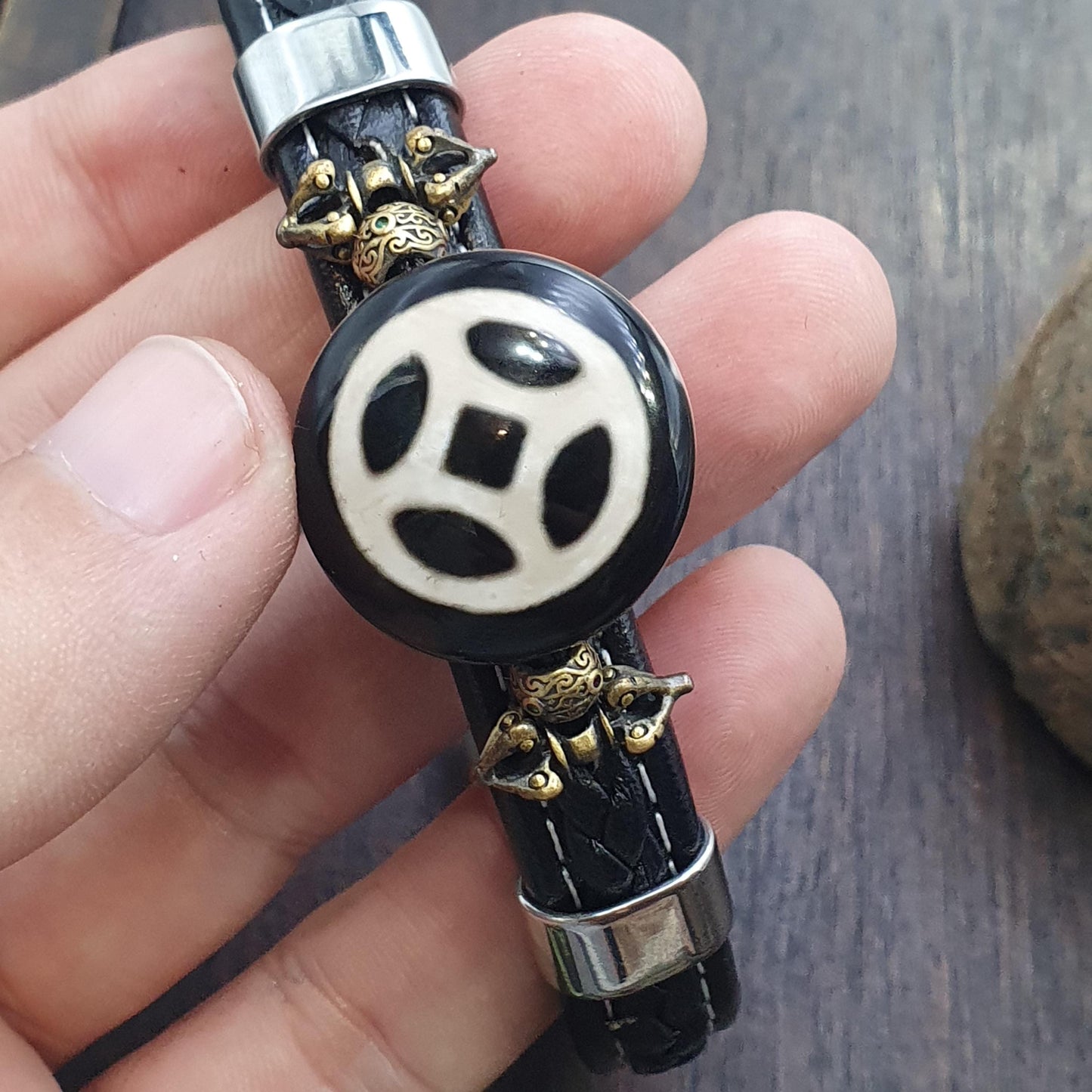 Handcrafted bracelet cross wheel motif  tibetan dzi bead pu leather bracelet
