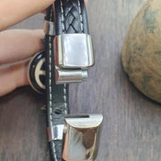 Wheel Motif Tibetan, Handcrafted Dzi Bracelet - Antique Agate Amulet, PU Leather Cord, Black Onyx Accents