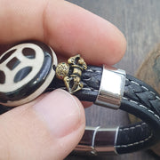Wheel Motif Tibetan, Handcrafted Dzi Bracelet - Antique Agate Amulet, PU Leather Cord, Black Onyx Accents