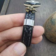 Wheel Motif Tibetan, Handcrafted Dzi Bracelet - Antique Agate Amulet, PU Leather Cord, Black Onyx Accents