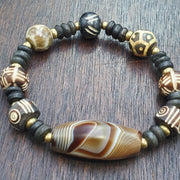 Old Natural Eye, Vintage Beaded Bracelet | Agate, Soleimani Carnelian, Multicolor - Etched Dzi Beads