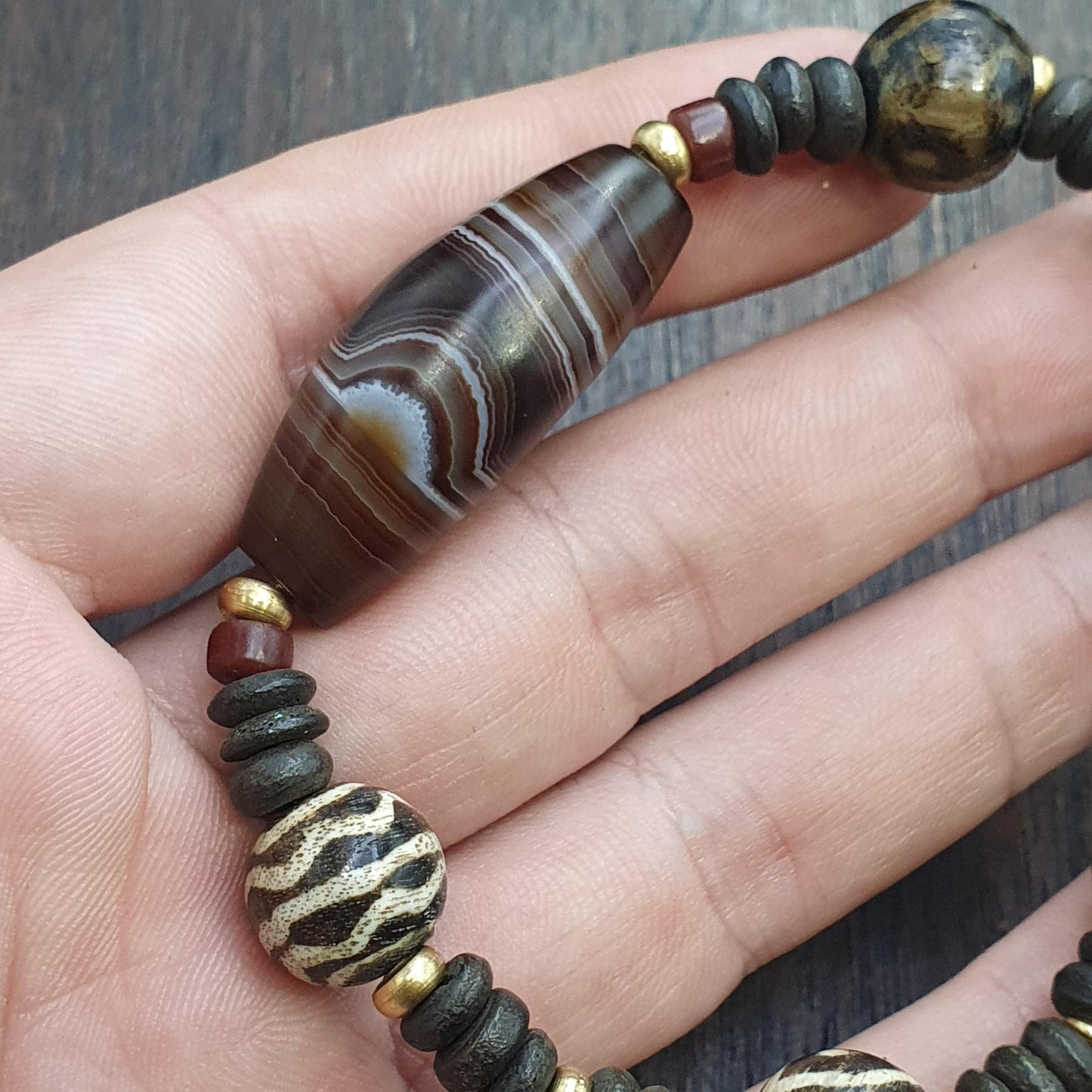 Old natural eye agate soleimani and south asian pumtek beads beaded bracelet