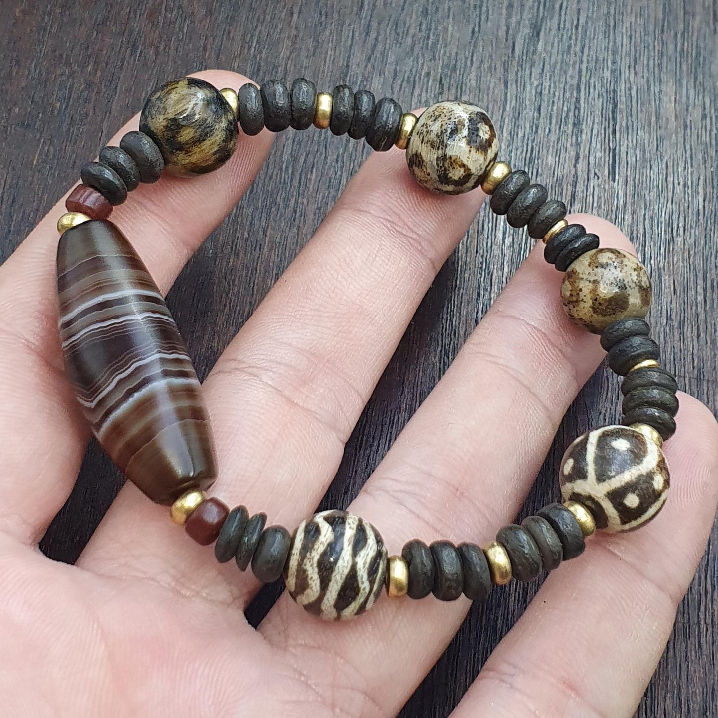 Old natural eye agate soleimani and south asian pumtek beads beaded bracelet