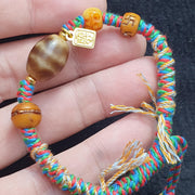 Handmade Dzi Bead, Tibetan Bracelet - Agate, Multicolor Cord, Vintage Spiritual Accessory, Meditation .