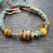 Handmade Dzi Bead, Tibetan Bracelet - Agate, Multicolor Cord, Vintage Spiritual Accessory, Meditation .