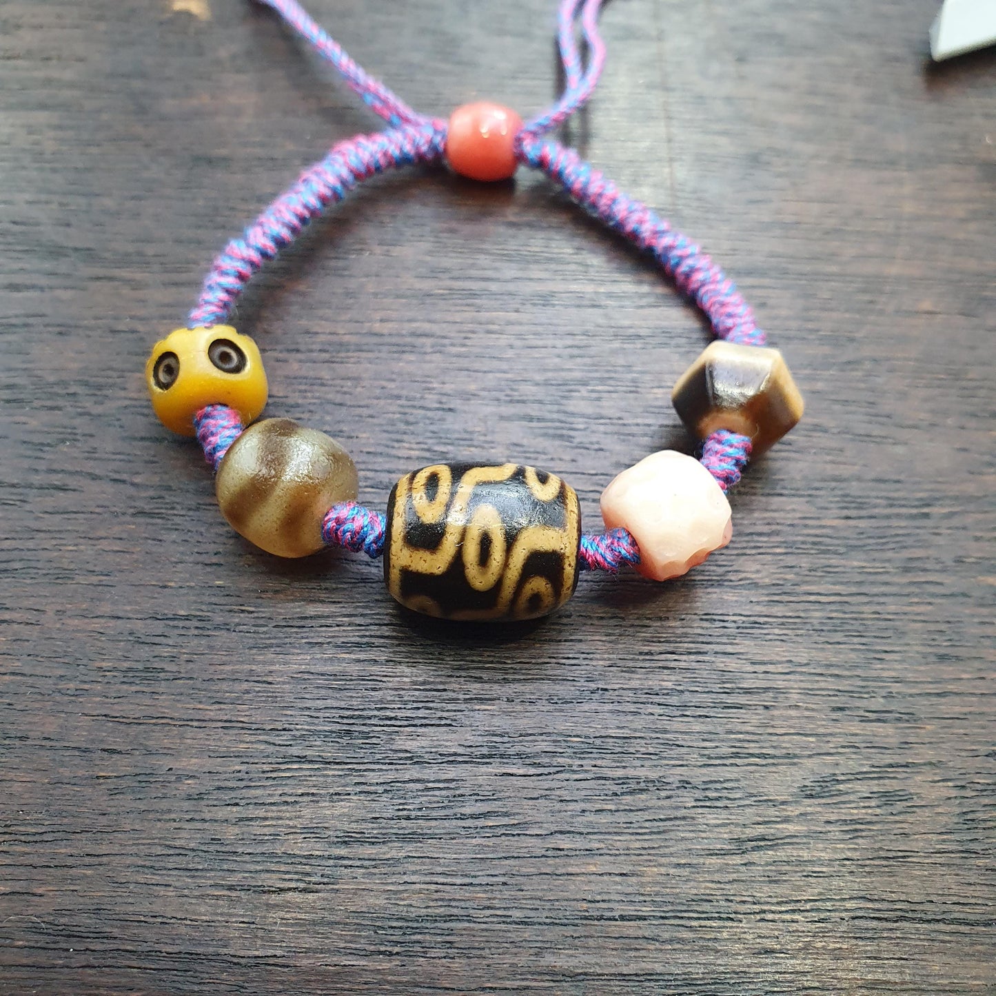 Handmade 9 eyes dzi bead bracelet multicolor cord - spiritual beads bracelet