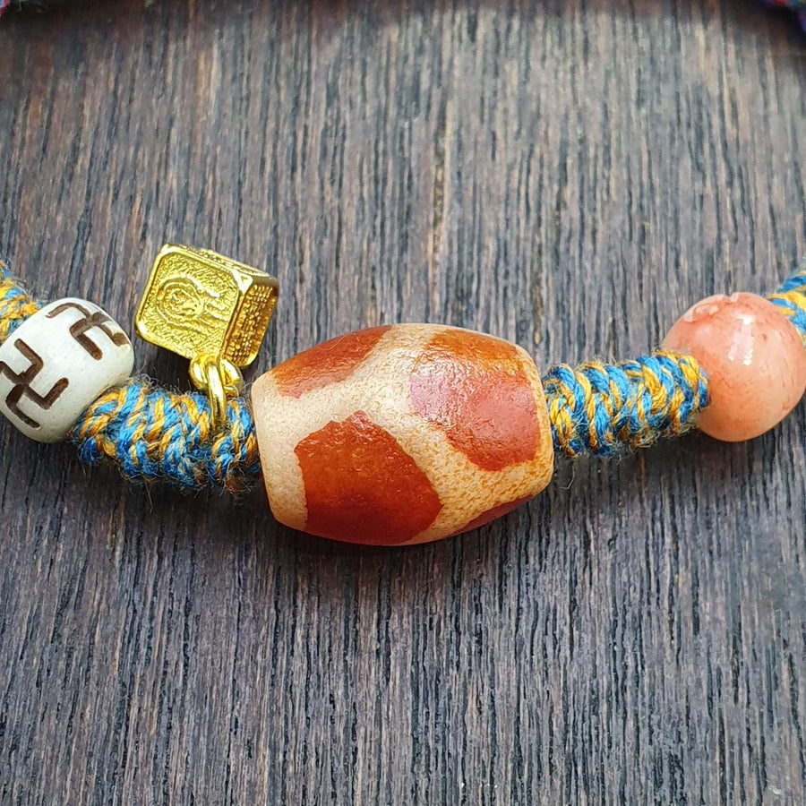 Handmade 6 Eyes Dzi, Vintage Agate Bracelet - Multicolor Cord, Adjustable | Tibetan Amulet
