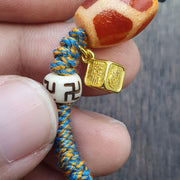 Handmade 6 Eyes Dzi, Vintage Agate Bracelet - Multicolor Cord, Adjustable | Tibetan Amulet