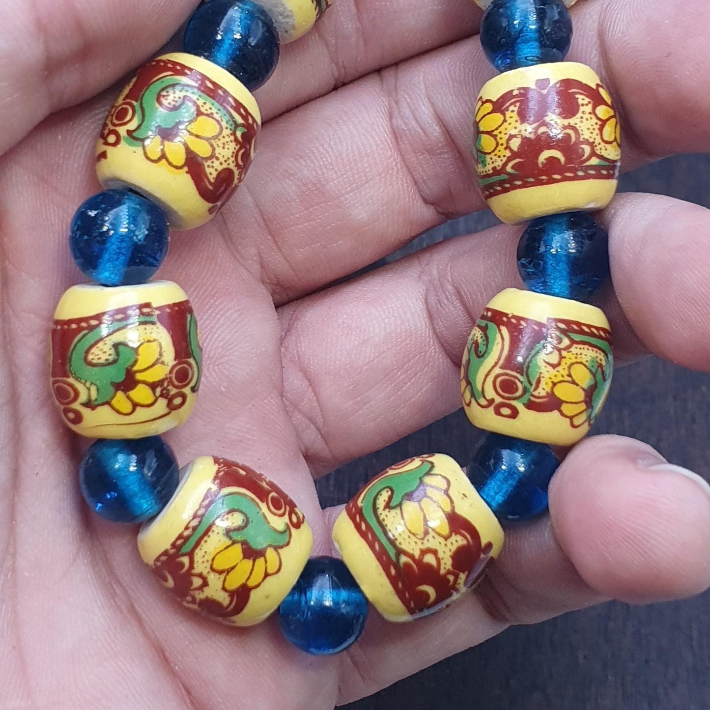 Vintage egyptian style yellow ceramic blue glass beads beautiful necklace gift