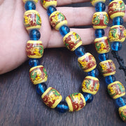 Vintage egyptian style yellow ceramic blue glass beads beautiful necklace gift