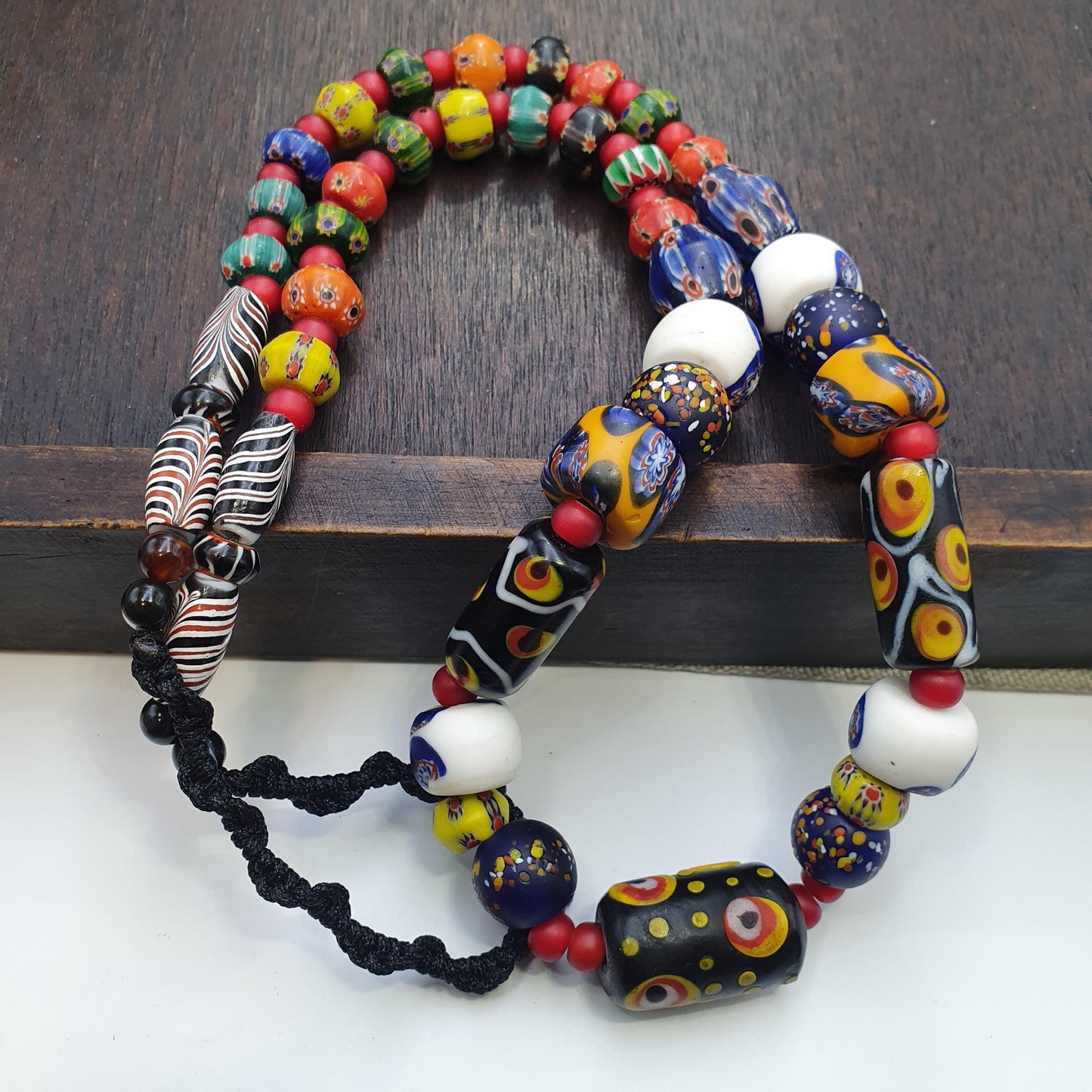 Vintage venetian style skunk eyes and chevron beads beaded necklace