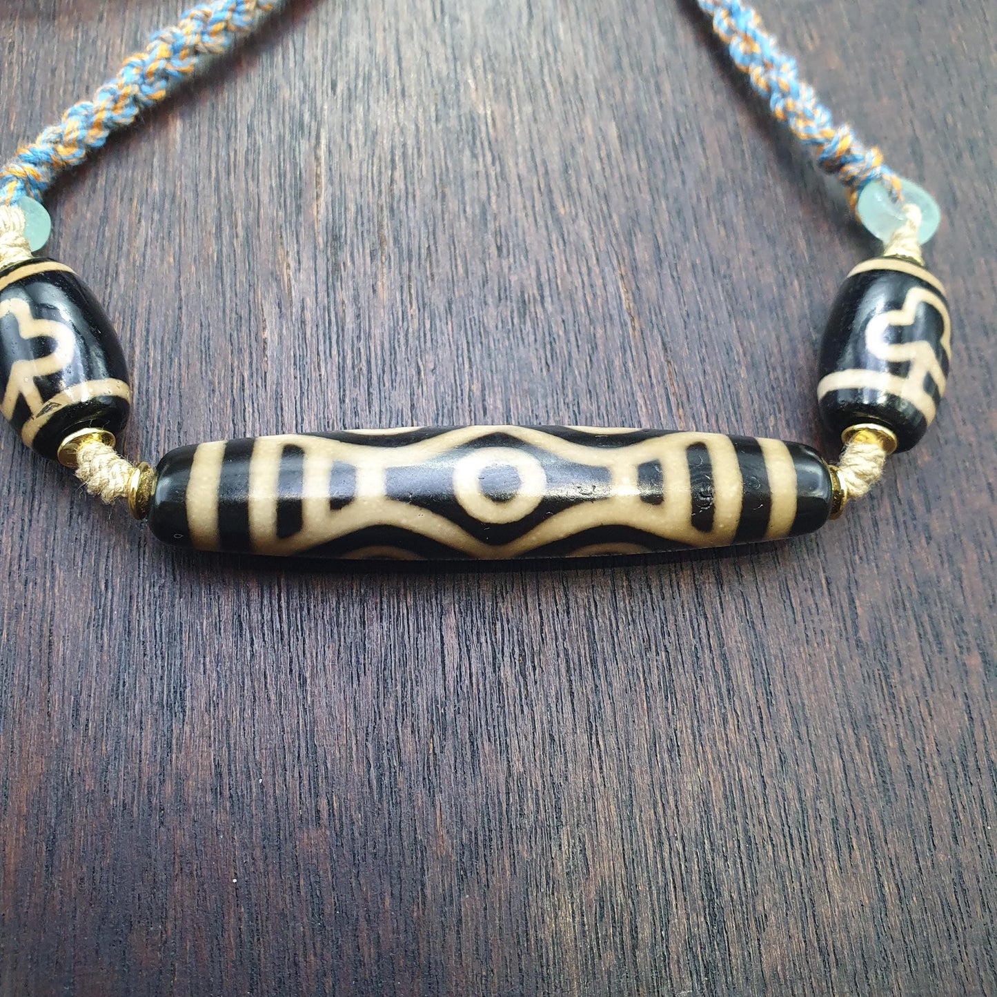 Tibetan 6 eye dzi agate bead necklace protective amulet with braided cord 2 dzi