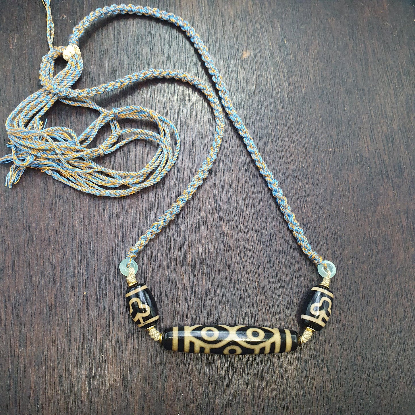 Tibetan 6 eye dzi agate bead necklace protective amulet with braided cord 2 dzi
