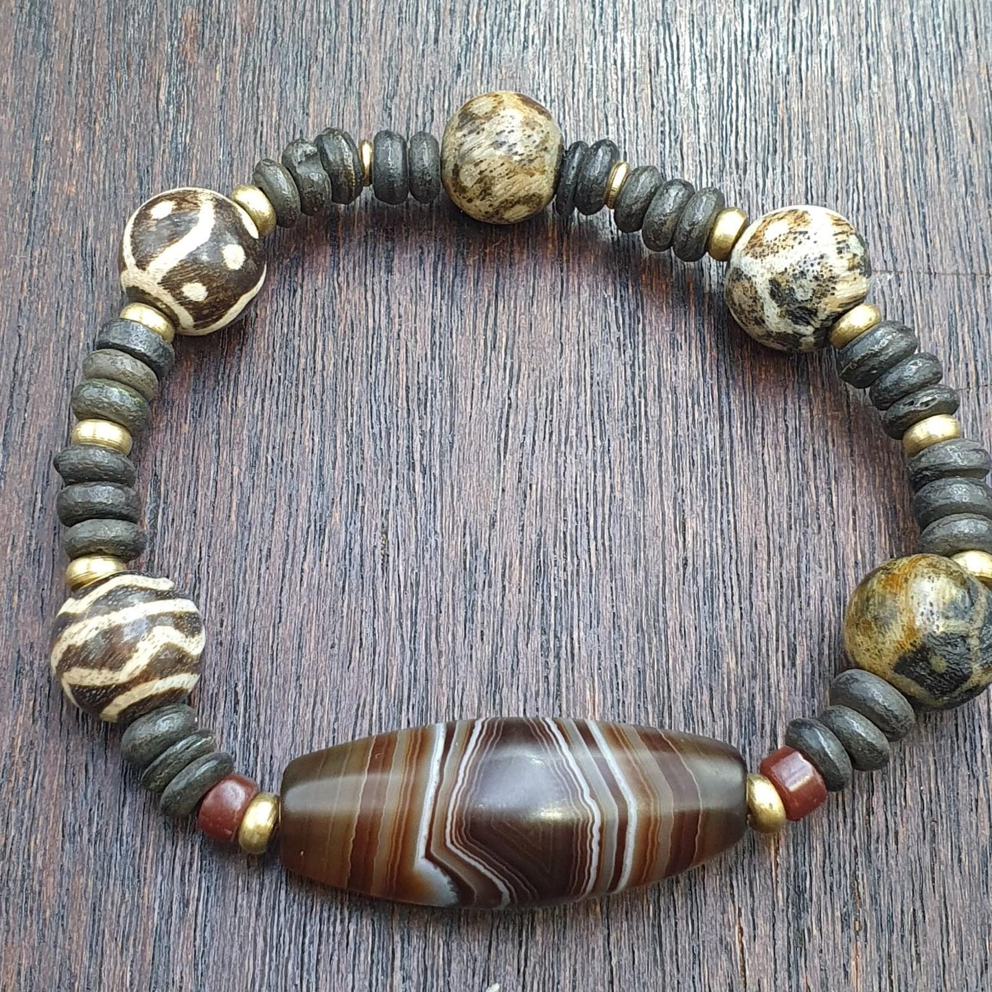 Old natural eye agate soleimani and south asian pumtek beads beaded bracelet