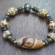 Old Natural Eye, Vintage Beaded Bracelet | Agate, Soleimani Carnelian, Multicolor - Etched Dzi Beads