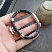 Eye Tibetan Dzi Bead, Vintage Talisman Bracelet | PU Leather Band | Antique Agate, Black Onyx Accents, Adjustable