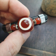 Eye Tibetan Dzi Bead, Vintage Talisman Bracelet | PU Leather Band | Antique Agate, Black Onyx Accents, Adjustable