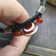 Eye Tibetan Dzi Bead, Vintage Talisman Bracelet | PU Leather Band | Antique Agate, Black Onyx Accents, Adjustable