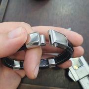 Tibetan Dzi Bracelet, Antique Eye Agate Amulet, 3-Bead Pu Leather Band | Black Onyx Accents - Unisex