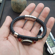 Tibetan Dzi Bracelet, Antique Eye Agate Amulet, 3-Bead Pu Leather Band | Black Onyx Accents - Unisex