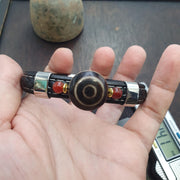 Tibetan Dzi Bracelet, Antique Eye Agate Amulet, 3-Bead Pu Leather Band | Black Onyx Accents - Unisex