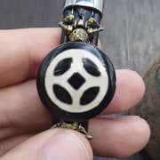 Wheel Motif Tibetan, Handcrafted Dzi Bracelet - Antique Agate Amulet, PU Leather Cord, Black Onyx Accents