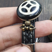 Wheel Motif Tibetan, Handcrafted Dzi Bracelet - Antique Agate Amulet, PU Leather Cord, Black Onyx Accents