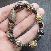 Old Natural Eye, Vintage Beaded Bracelet | Agate, Soleimani Carnelian, Multicolor - Etched Dzi Beads
