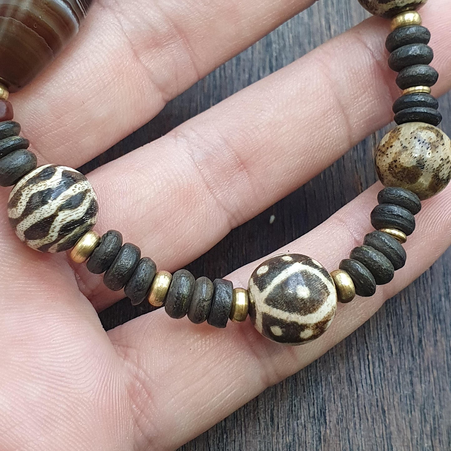 Old natural eye agate soleimani and south asian pumtek beads beaded bracelet