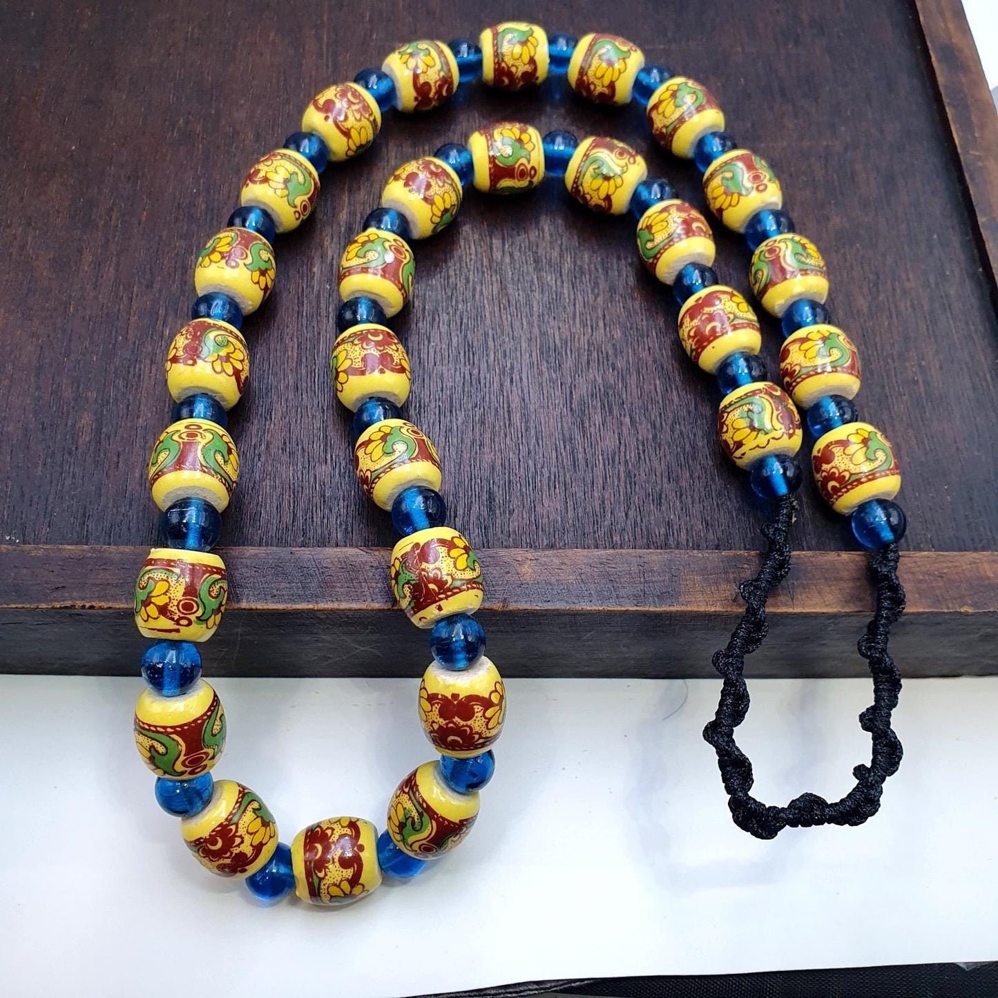 Vintage egyptian style yellow ceramic blue glass beads beautiful necklace gift
