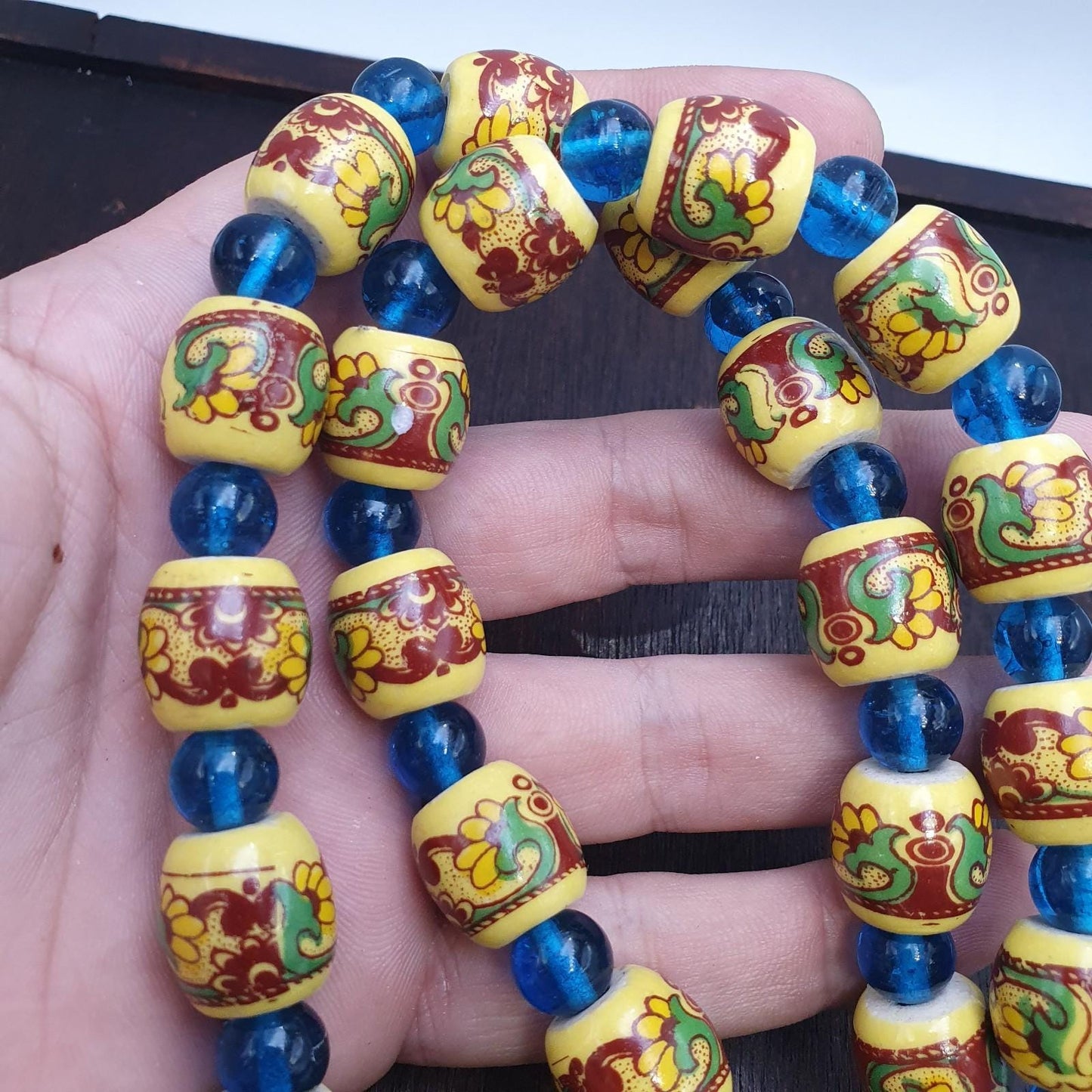 Vintage egyptian style yellow ceramic blue glass beads beautiful necklace gift