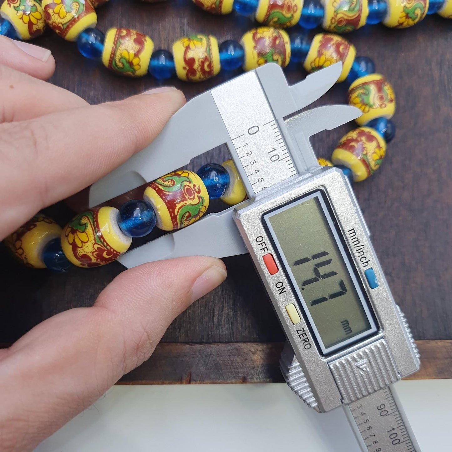 Vintage egyptian style yellow ceramic blue glass beads beautiful necklace gift