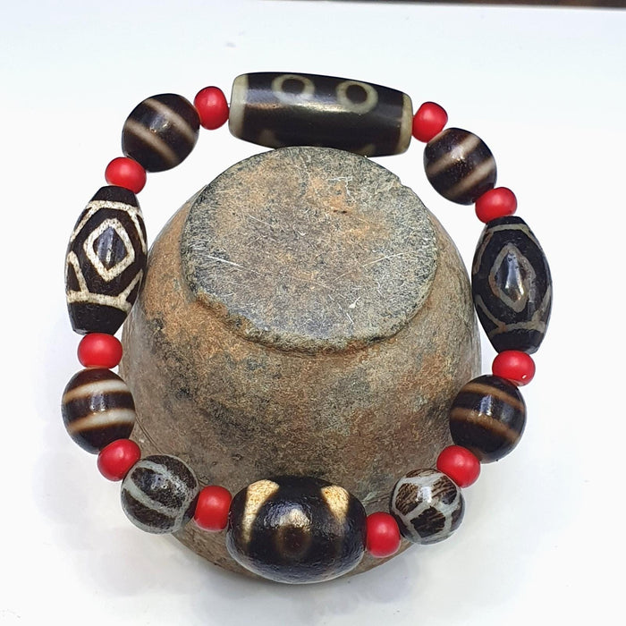 Old himalayan tibetan agate dzi beads unique pattern pyu pumtek bracelet
