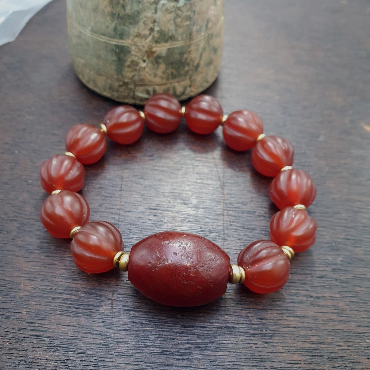 Rare old antique indo tibetan carnelian agate beads melon shape beads bracelet