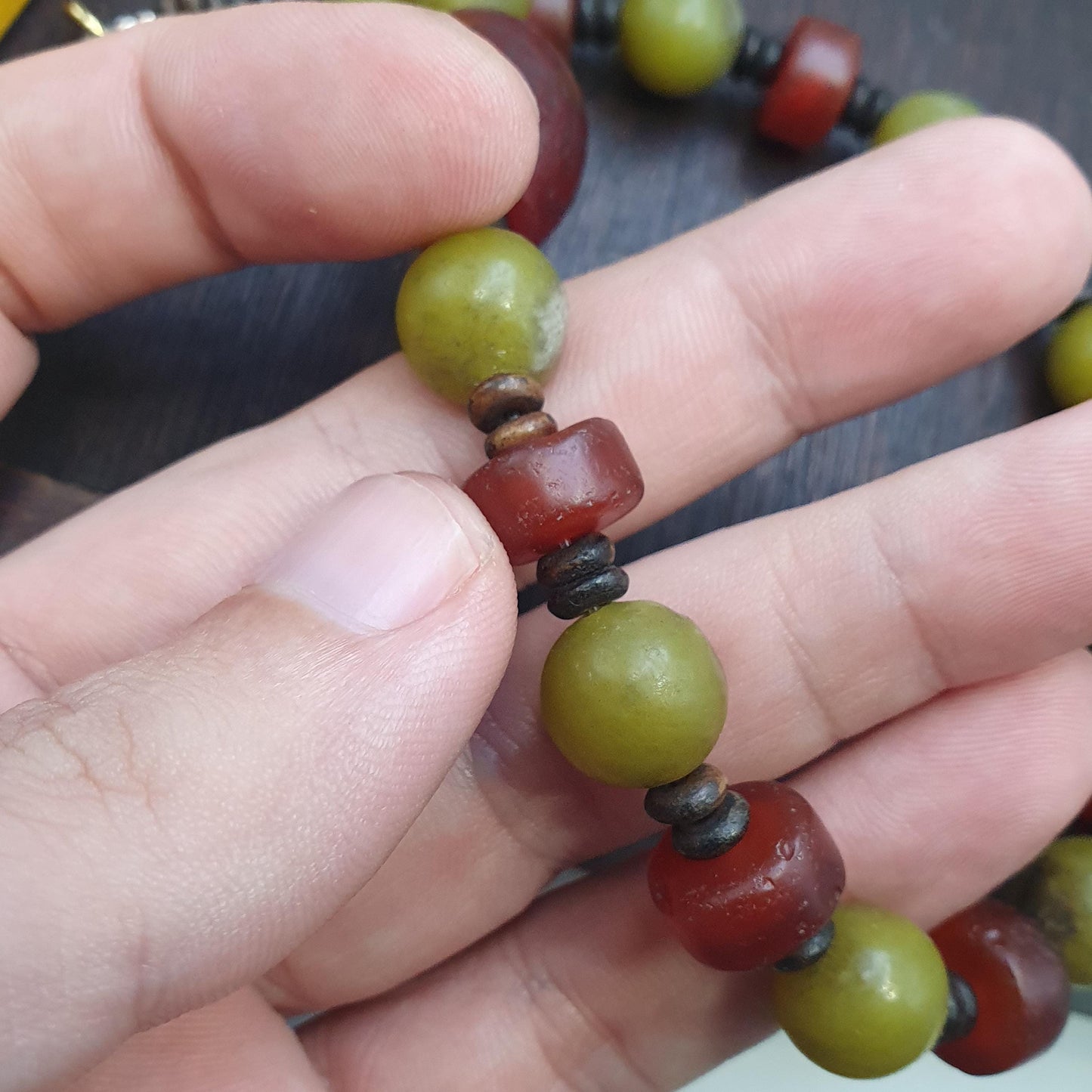 Himalayan serpentine jade & carnelian bead necklace, ethnic, healing stones