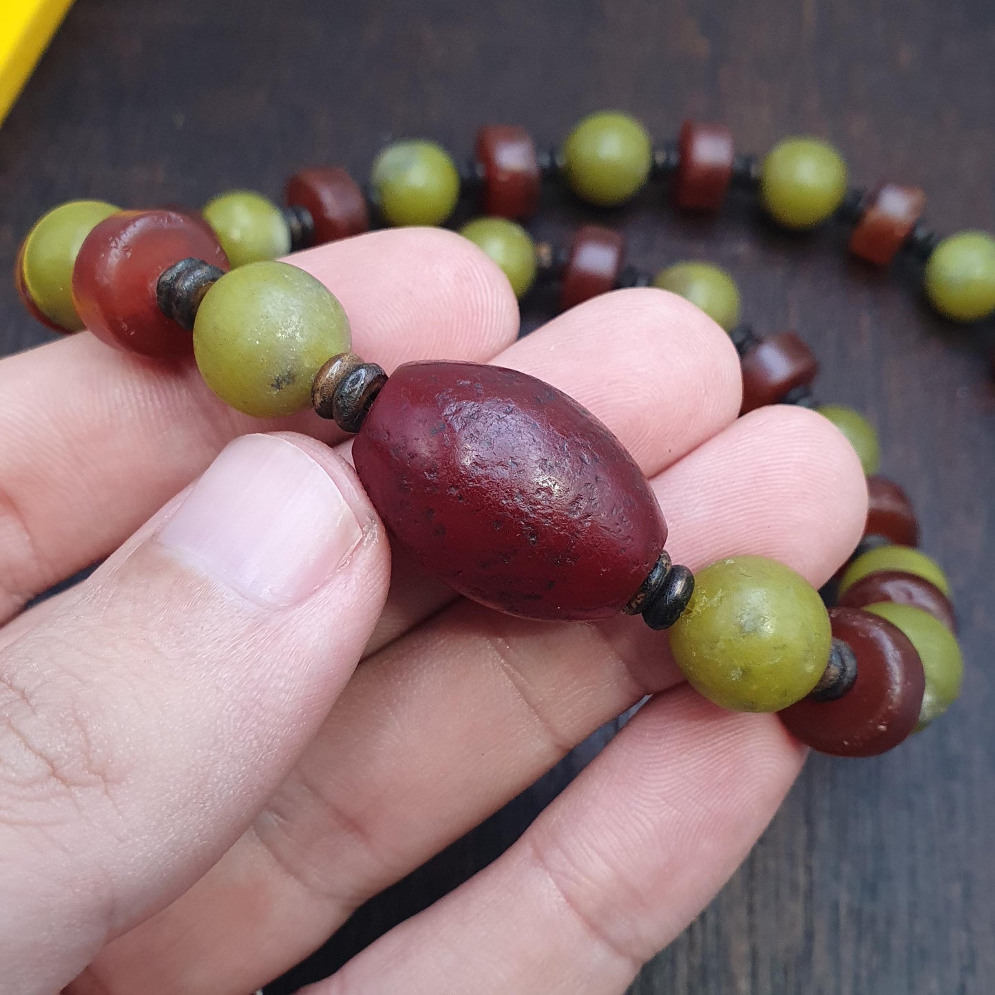 Himalayan serpentine jade & carnelian bead necklace, ethnic, healing stones