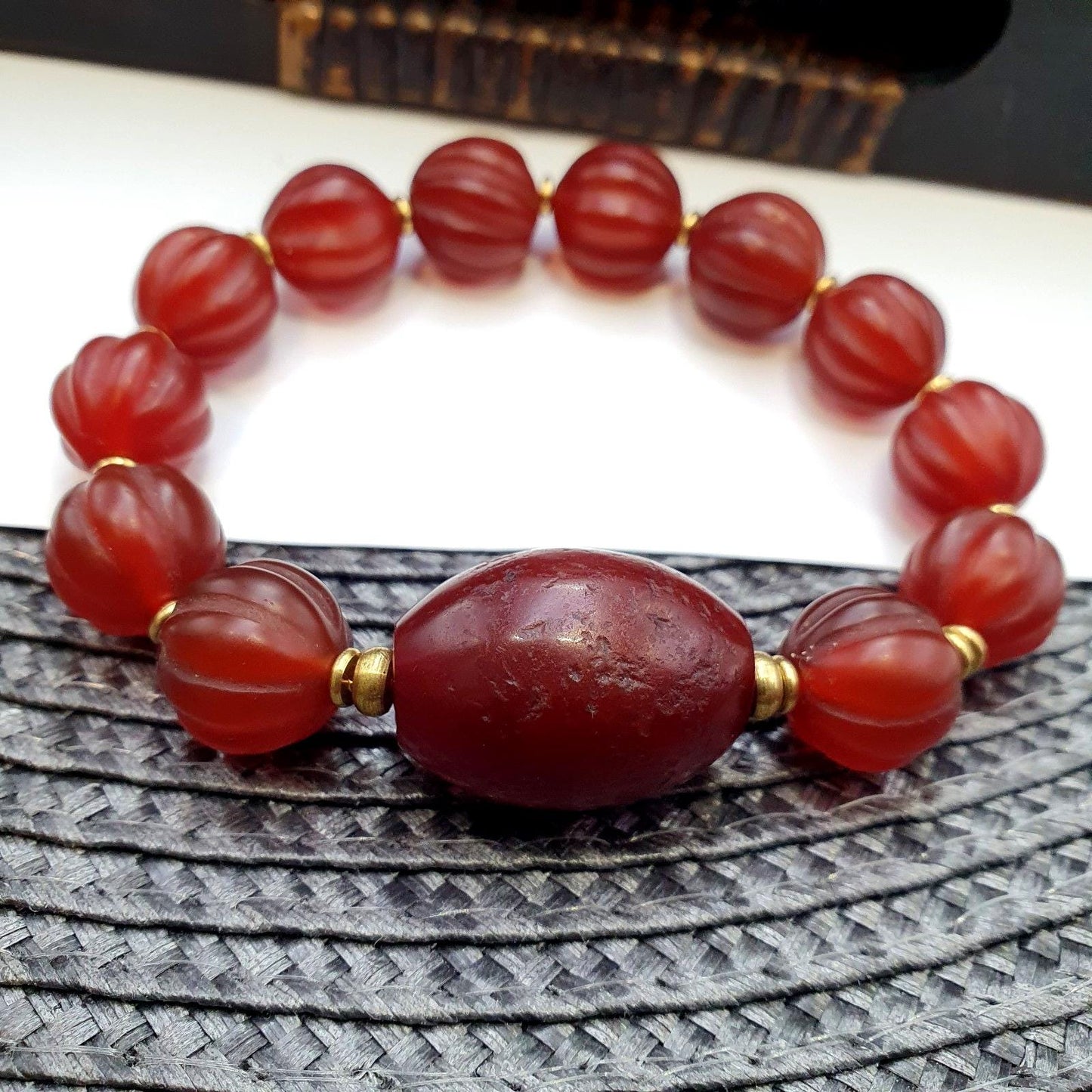 Rare old antique indo tibetan carnelian agate beads melon shape beads bracelet