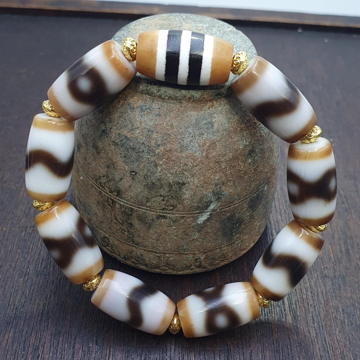 Tibetan nepalese dzi beads bracelet handmade cylindrical beads, gold spacers