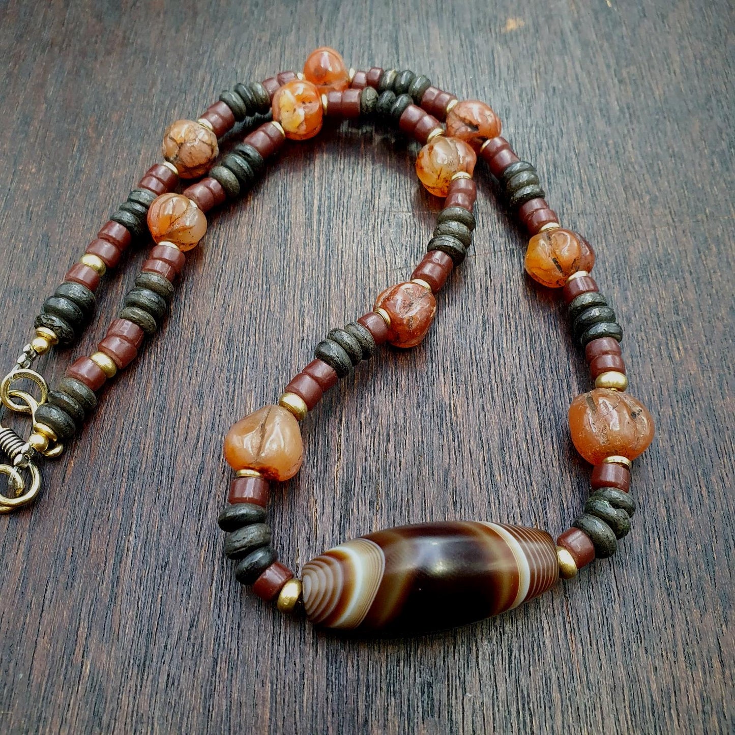 Himalayan indo tibetan central asian agate beads decorated beaded necklace