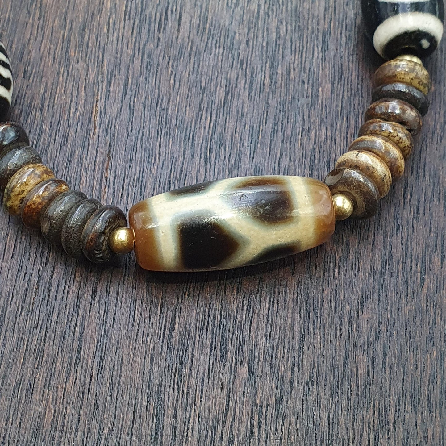 Himalayan indo tibetan 7 dzi agate beads with yak bone beaded necklace