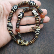 Himalayan indo tibetan 7 dzi agate beads with yak bone beaded necklace