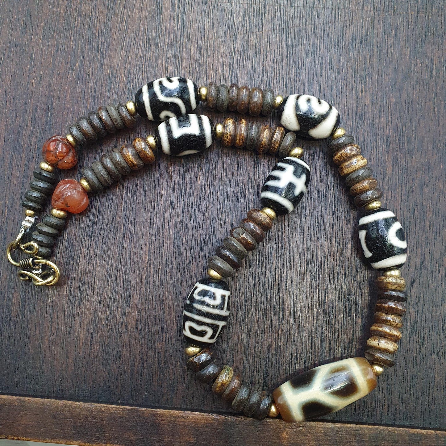 Himalayan indo tibetan 7 dzi agate beads with yak bone beaded necklace