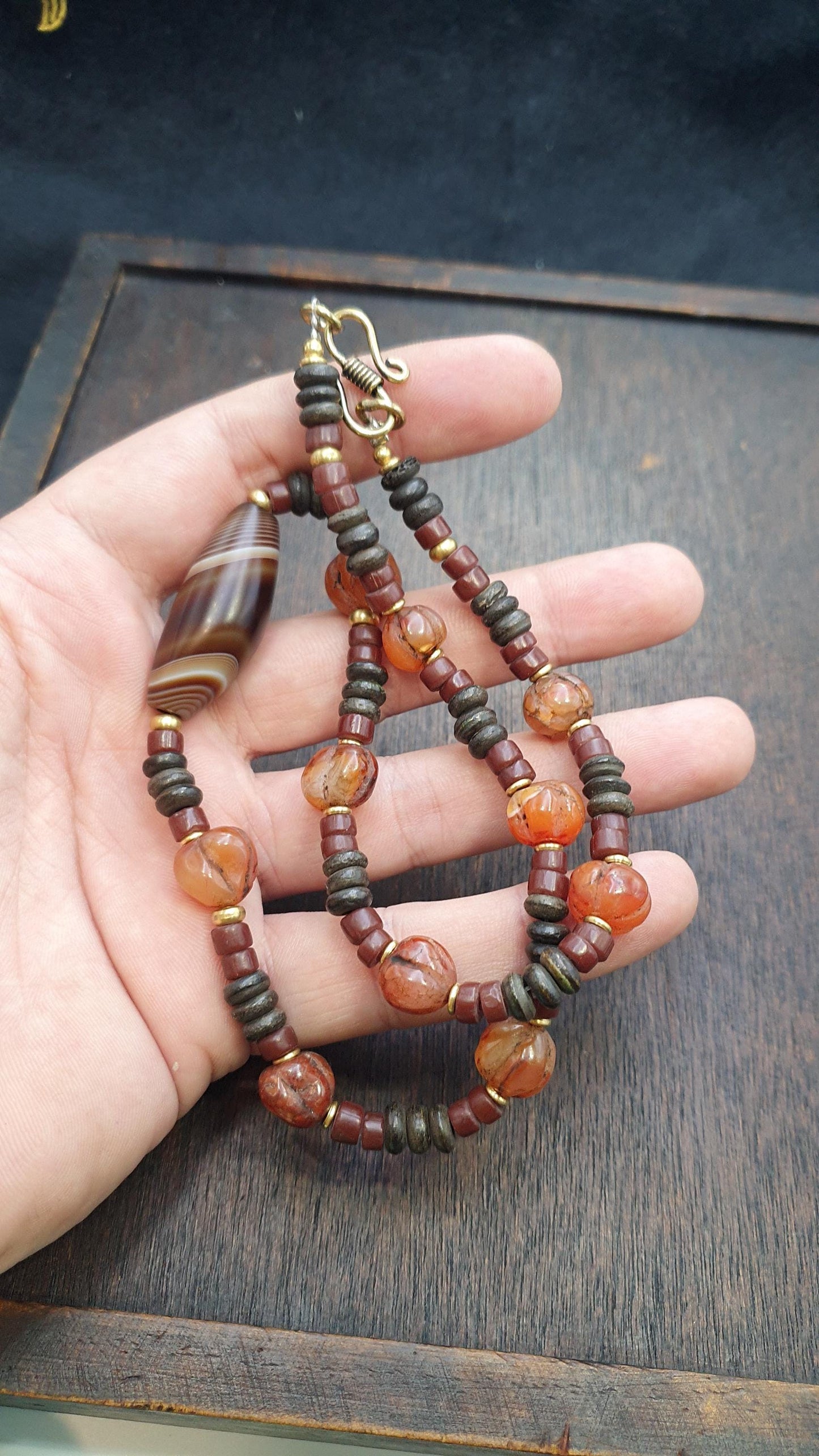 Himalayan indo tibetan central asian agate beads decorated beaded necklace