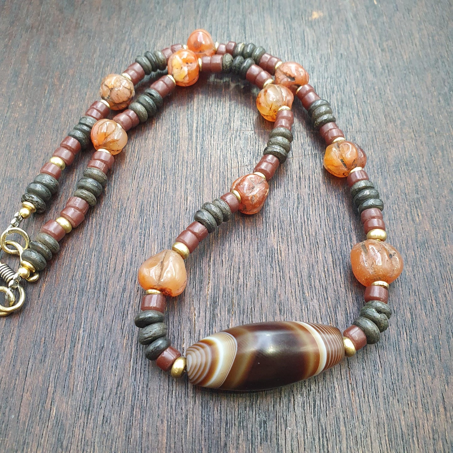 Himalayan indo tibetan central asian agate beads decorated beaded necklace