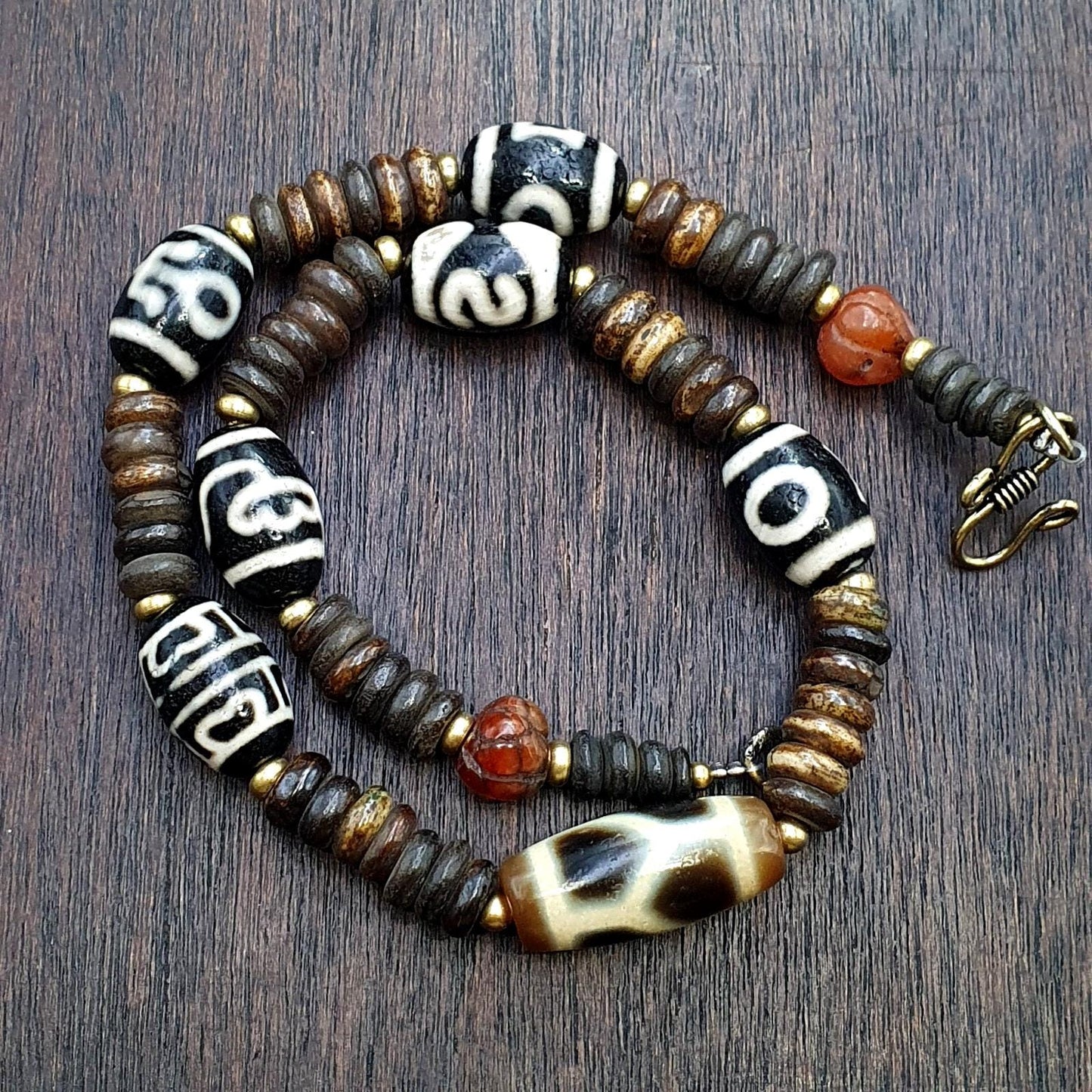 Himalayan indo tibetan 7 dzi agate beads with yak bone beaded necklace