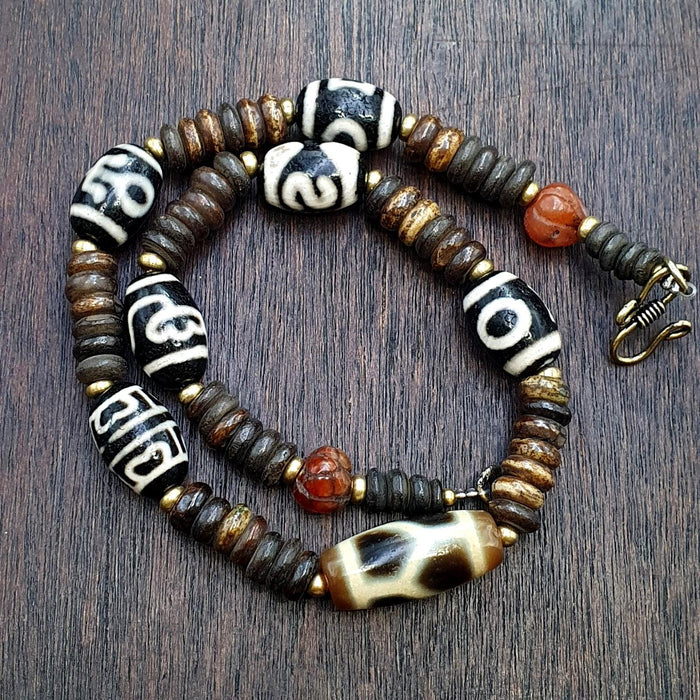 Himalayan indo tibetan 7 dzi agate beads with yak bone beaded necklace